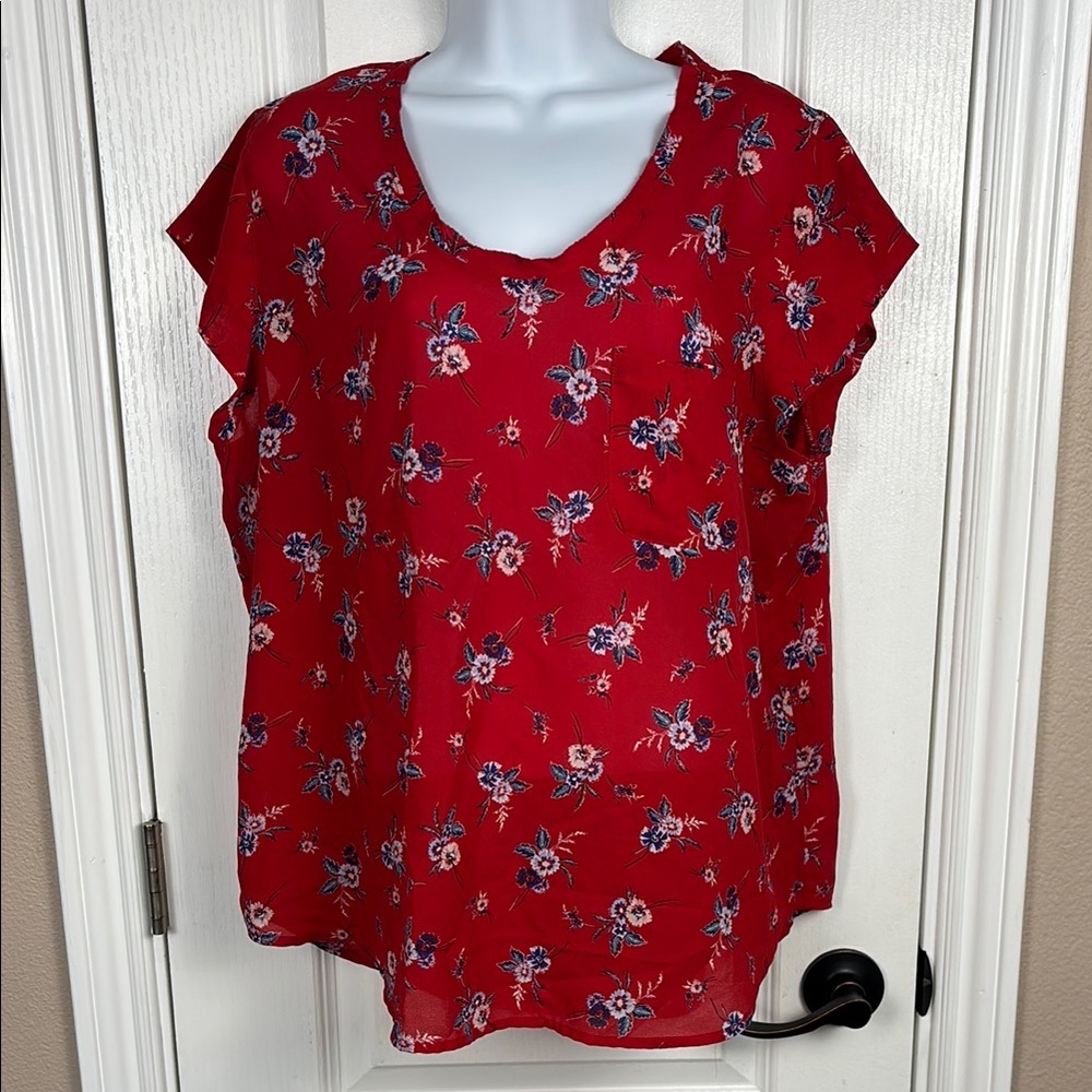 Liz Claiborne Women's Floral Red Round Neck Short Sleeve Pocket Top Size XL